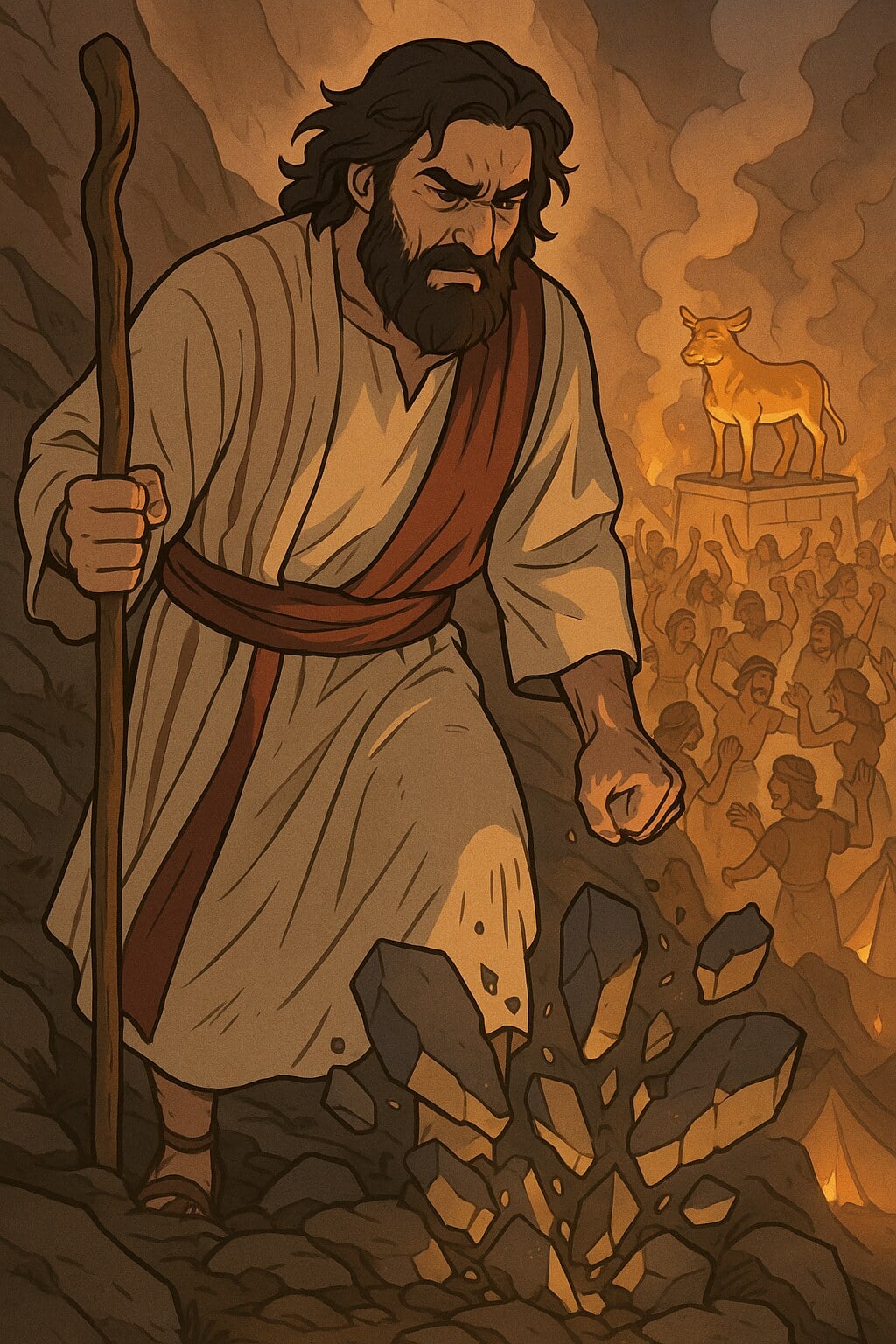 금송아지 — 모세가 더디 내려오자 백성은 아론에게 신을 만들어 달라 하여 금송아지를 섬겼다. 산에서 내려온 모세는 춤추는 백성을 보고 크게 노하여 돌판을 산 아래로 던져 깨뜨렸다.